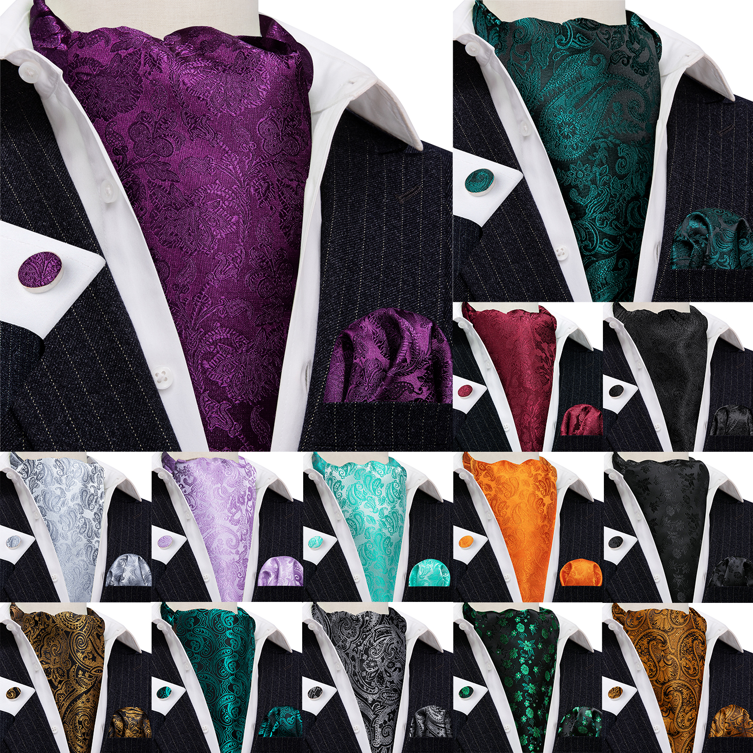 Barry.Wang Jacqaurd seda hombres Ascot corbata Floral Paisley para hombre con gemelos pañuelo 60 colores regalo para eventos de fiesta de boda