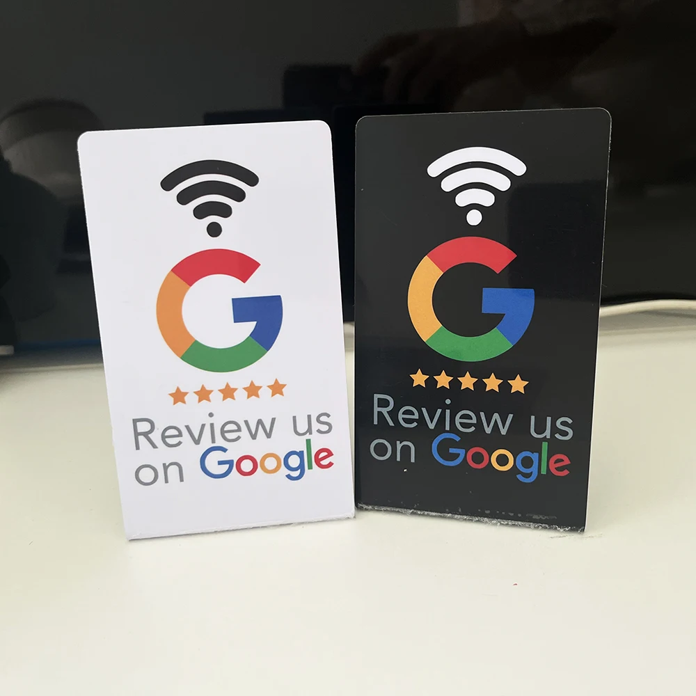 Cartão de revisão google programável 13.56mhz mesa de estação nfc nfc google comentários exibir cartão dobrável suporte de marca