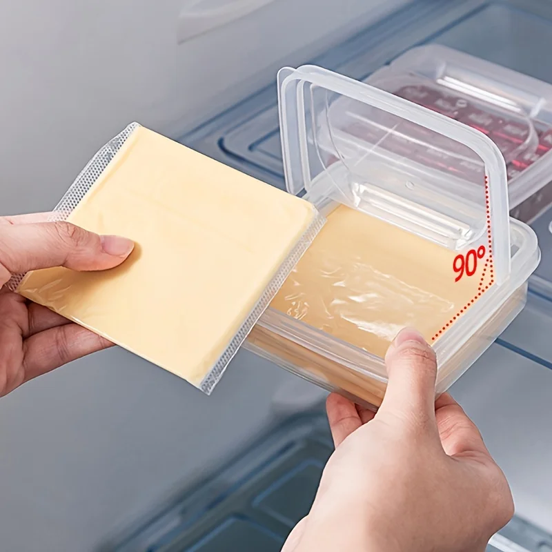 Contenedor de queso en rodajas para nevera, caja de almacenamiento de rebanadas de queso con bloque de mantequilla de plástico transparente con tapa abatible para alimentos en frigorífico, 1 ud.