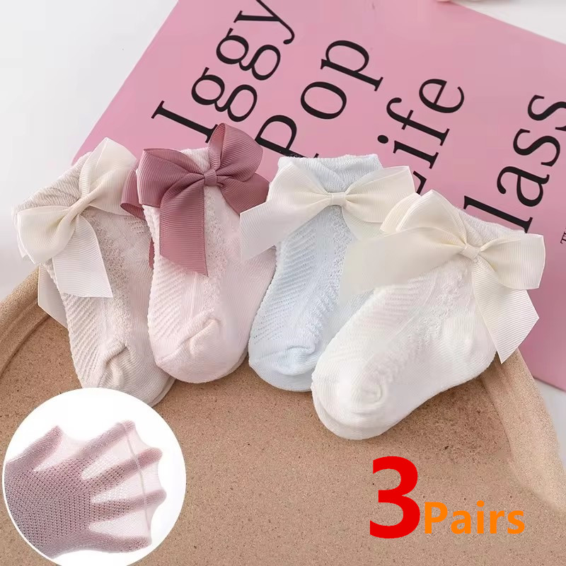 3 par/partia letnie dziecięce skarpetki siatkowe Bowknot miękka bawełna noworodka skarpety księżniczka niemowlę małe dziewczynki śliczne oddychające skarpetki