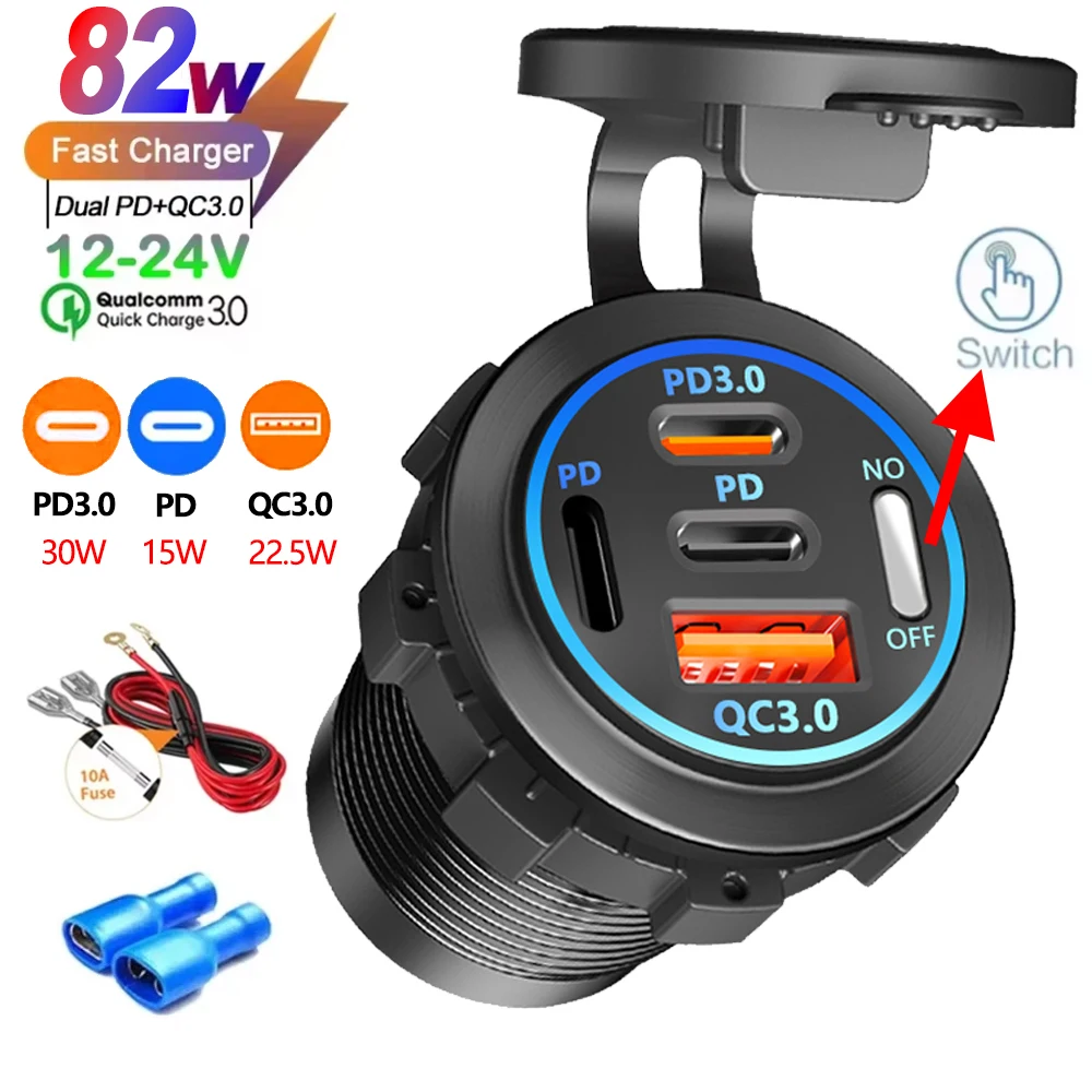 Cargador de coche USB PD QC 3,0 de 2/3/4 puertos con enchufe de voltímetro adaptador de toma de corriente impermeable para coche ATV barco de 12V/24V gran oferta