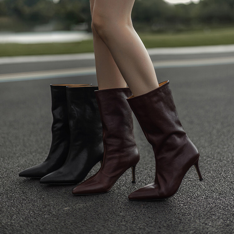 Botas de Mujer Otoño 2026, Nuevas, de Media Pantorrilla, Cuero Genuino, Punta Puntiaguda, Tacón de Aguja, Estilo Minimalista