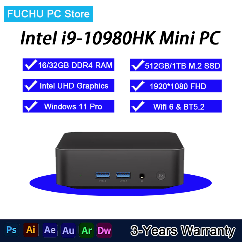 Mini PC Core i9 10980HK con Windows 11, 32GB DDR4, 512GB/1TB/2TB SSD, Mini PC portátil para juegos, WiFi6, BT5.2, 4K, Miniordenador de escritorio