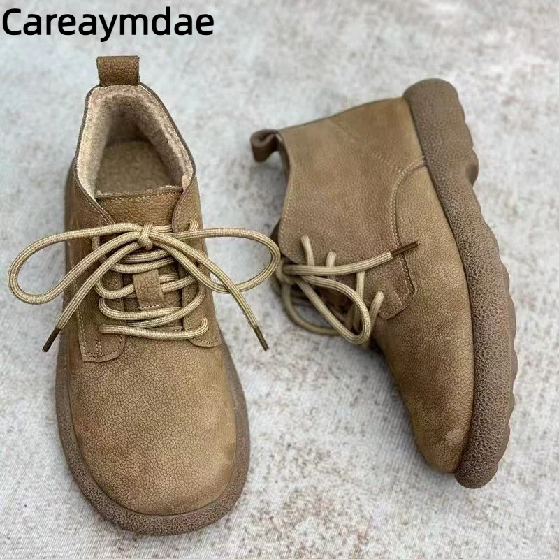 Careaymdae-Wider toe Genuine Leather Women's Boots Ankle Shoes Boots Platform Plush Warm Fur Winter Lace-up Women's Flat Boots