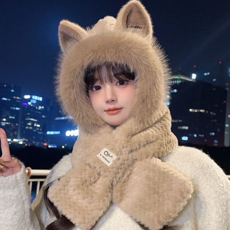 Womens Hooded Hat Scarf Set Kawaii Cute Fuzzy 3D Fox Ears Fluffy Thicken Bomber Hats Winter Warm Caps for Cold Weather