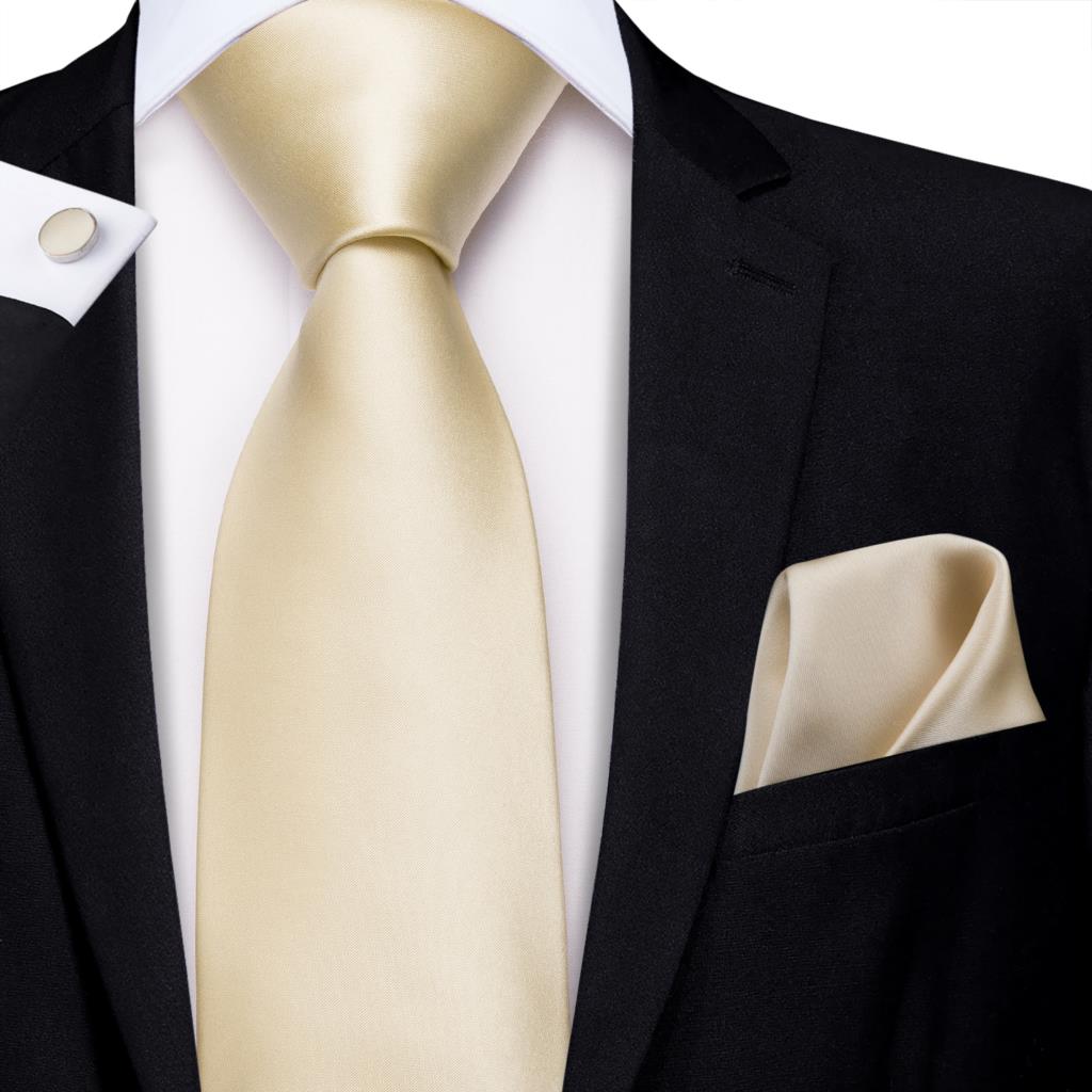 Champagne Ivoor Effen 2023 Nieuwe Elegante Heren Stropdassen Hanky Manchetknopen Zijden Stropdas Voor Mannen Bruiloft Zakelijk Modemerk Hi-Tie
