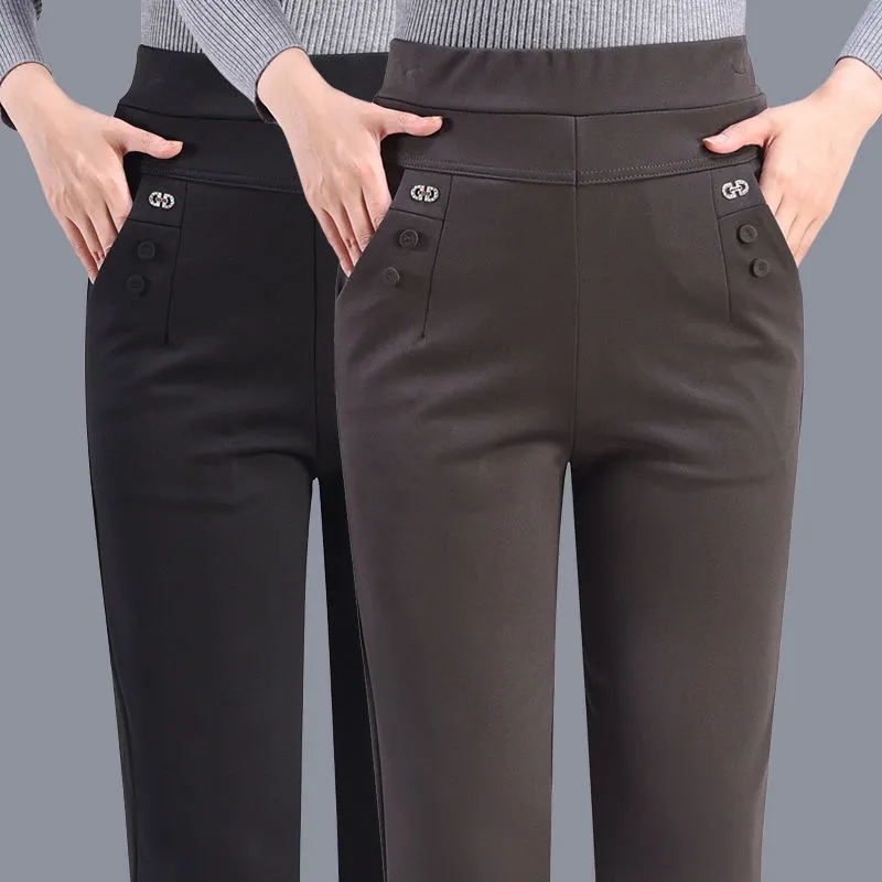New Autumn Winter Women's Pants Add Velevt Mother Pants Elastic High Waist Casual Women Trousers Loose Straight Black Pants
