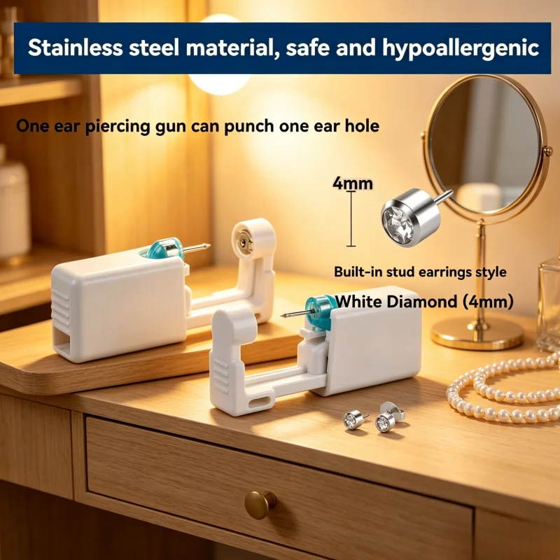 2PCS 4MM Disposable Sterile Ear Piercing Kit Cartilage Tragus Helix No-Pain Piercing Gun Tool Set with Stud Jewelry