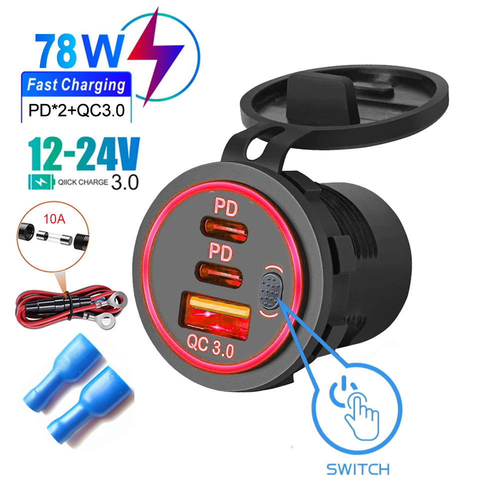 Quick Charger QC3.0 +PD Car Charger Socket 78W Double USB Port Type C Three Ports Power Adapter With Switch Universal Waterproof