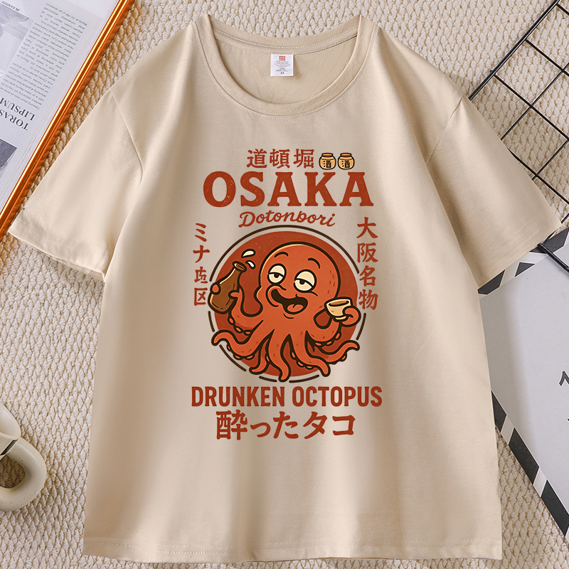 Camiseta estilo japonês com estampa de polvo bêbado, Osaka, frutos do mar, masculina, feminina, camiseta gráfica de algodão, manga curta, streetwear