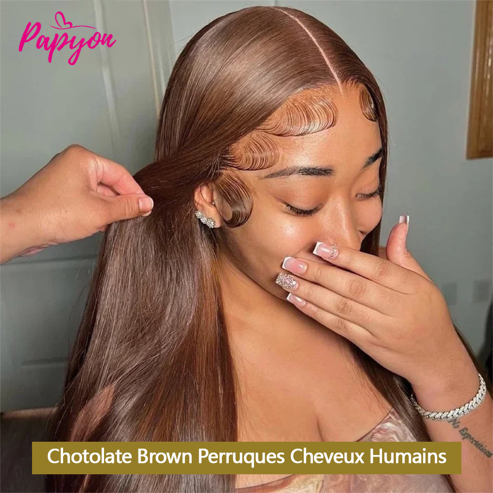 Peluca de cabello humano liso marrón Chocolate 13x6, postizo de encaje Frontal HD transparente, 100% brasileño, sin procesar, #4