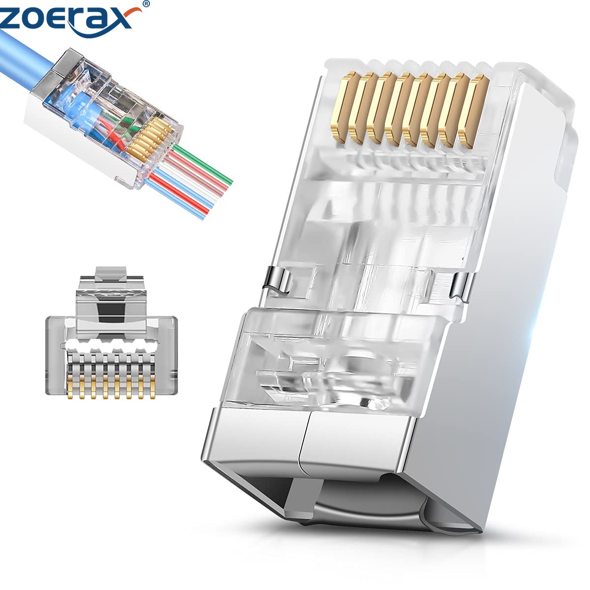 ZoeRax 50 шт. экранированные сквозные разъемы RJ45 Cat6 Cat6A — 3 зубца 8P8C, позолоченные концы Ethernet для сетевого кабеля FTP/STP