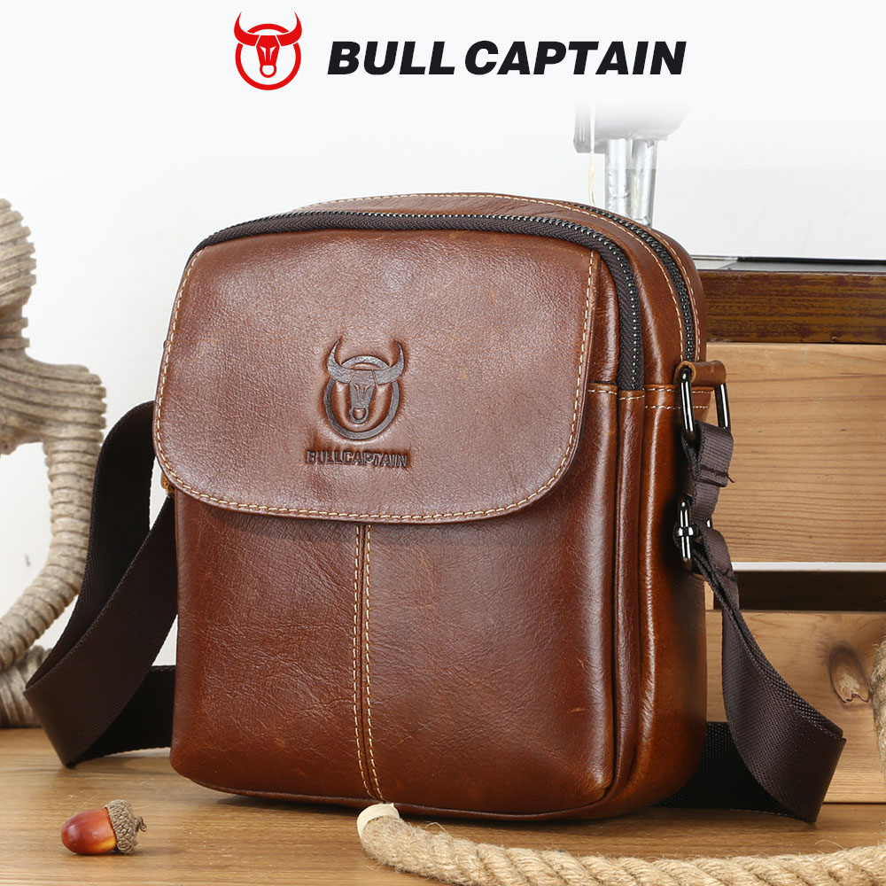 BULLCAPTAIN skórzana męska torba biznesowe torby na ramię odpowiednie dla 7.9 Cal Ipad Mini wysokiej jakości męskie torby typu Crossbody