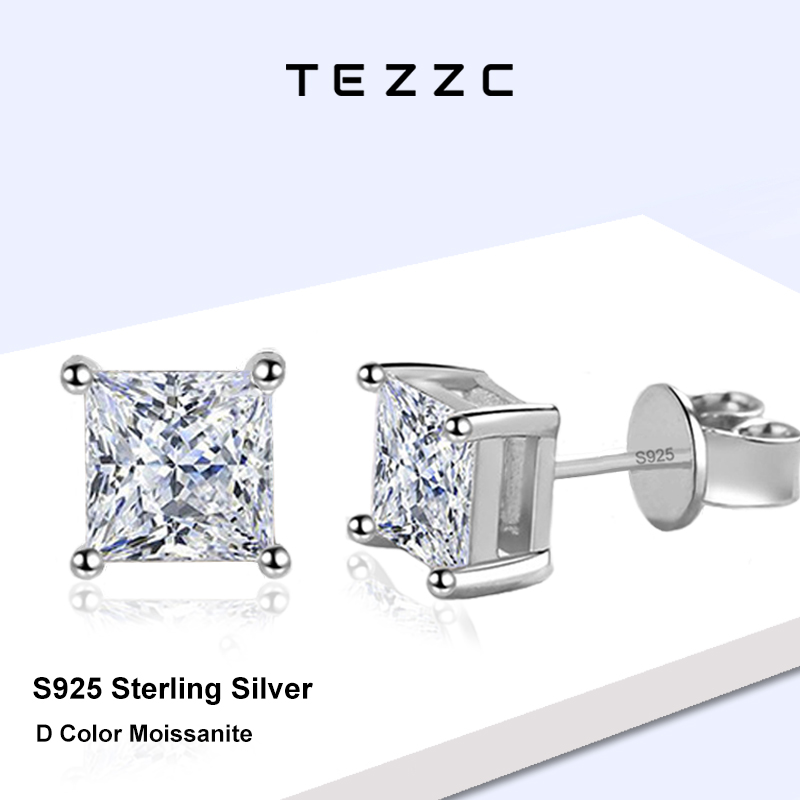 Tezzc D Kleur Princess Cut Moissanite Oorbel 925 Sterling Verzilverd met Wit Gouden Oorbellen voor Vrouwen Fijne Sieraden Gift