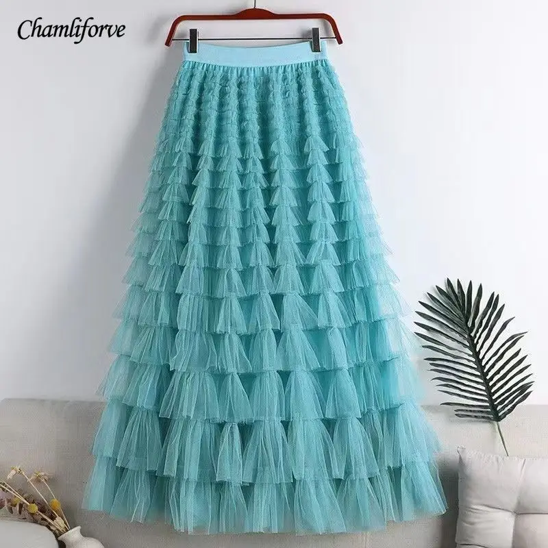 Chamliforve 女性チュールメッシュスカートエレガントな弾性ウエスト妖精ロング A ラインチュチュスカート春夏ロングケーキスカート