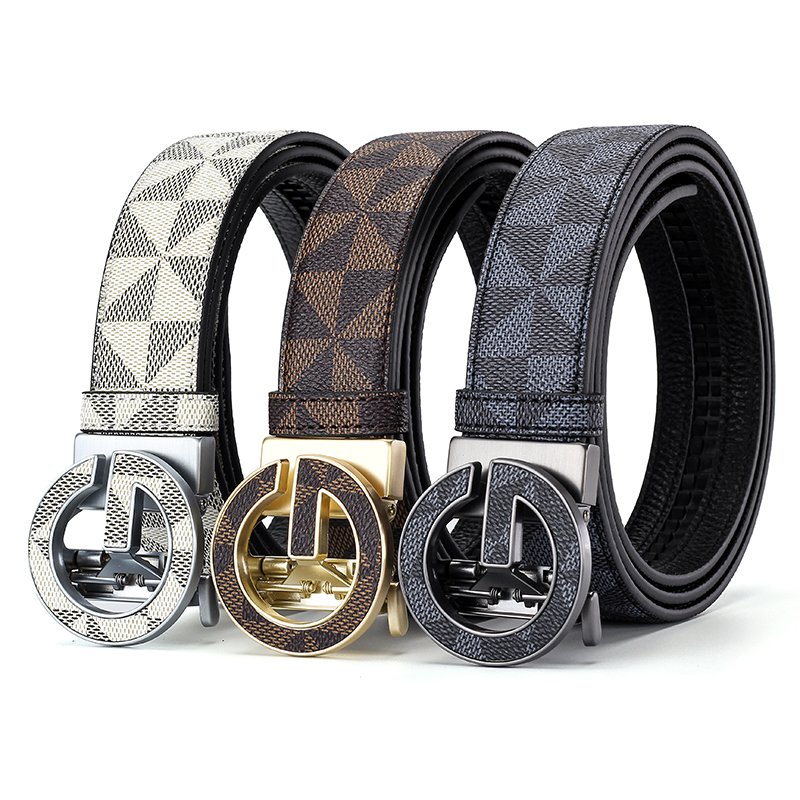 Ceinture de luxe pour homme à boucle automatique, motif triangulaire classique, en cuir PU, pour affaires et décontracté, idéale pour les jeans