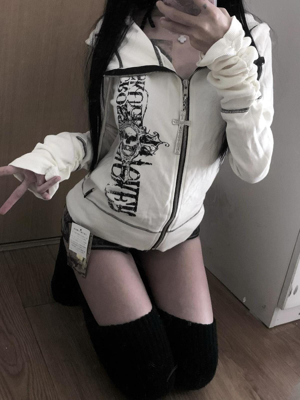 Abrigo con capucha gótico Harajuku Y2k para Mujer, chaquetas informales que combinan con todo, Tops negros japoneses subcultural, sudadera para Mujer 2025
