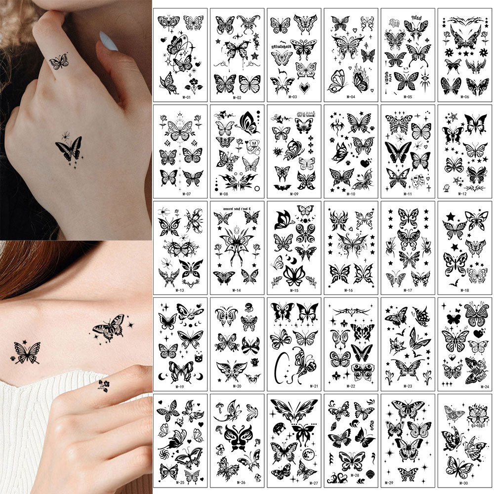 30 pçs borboleta preta tatuagem falsa para mulheres tatuagens temporárias à prova dwaterproof água adequado para braço corpo tatuagem realista adesivo meninas