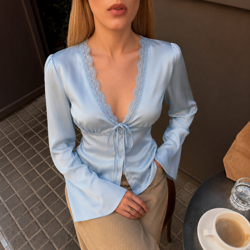 Top da donna Tsiisd in pizzo e raso con lacci, patchwork, alla moda, romantico, premium, estivo, con scollo a V e bendaggio, 2026
