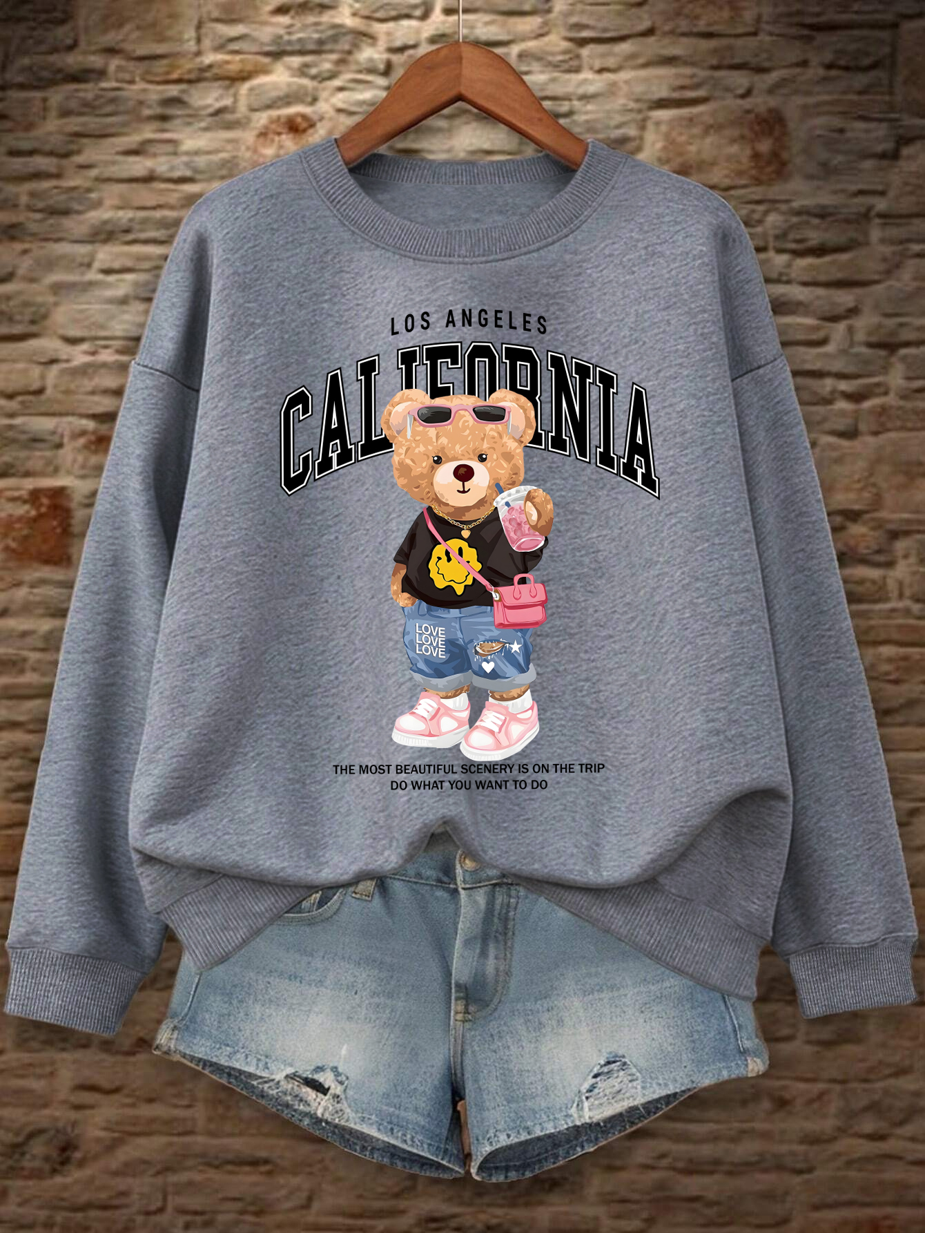 Jersey con estampado de té de la leche para mujer, ropa informal suelta con cuello redondo, ropa informal de otoño, sudadera que combina con todo de lana