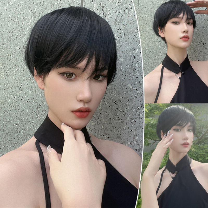 女性のための短い純粋なピクシーカットウィッグ、合成毛、耐熱性、自然な見た目、毎日の使用、ダークブラウン、ファッション