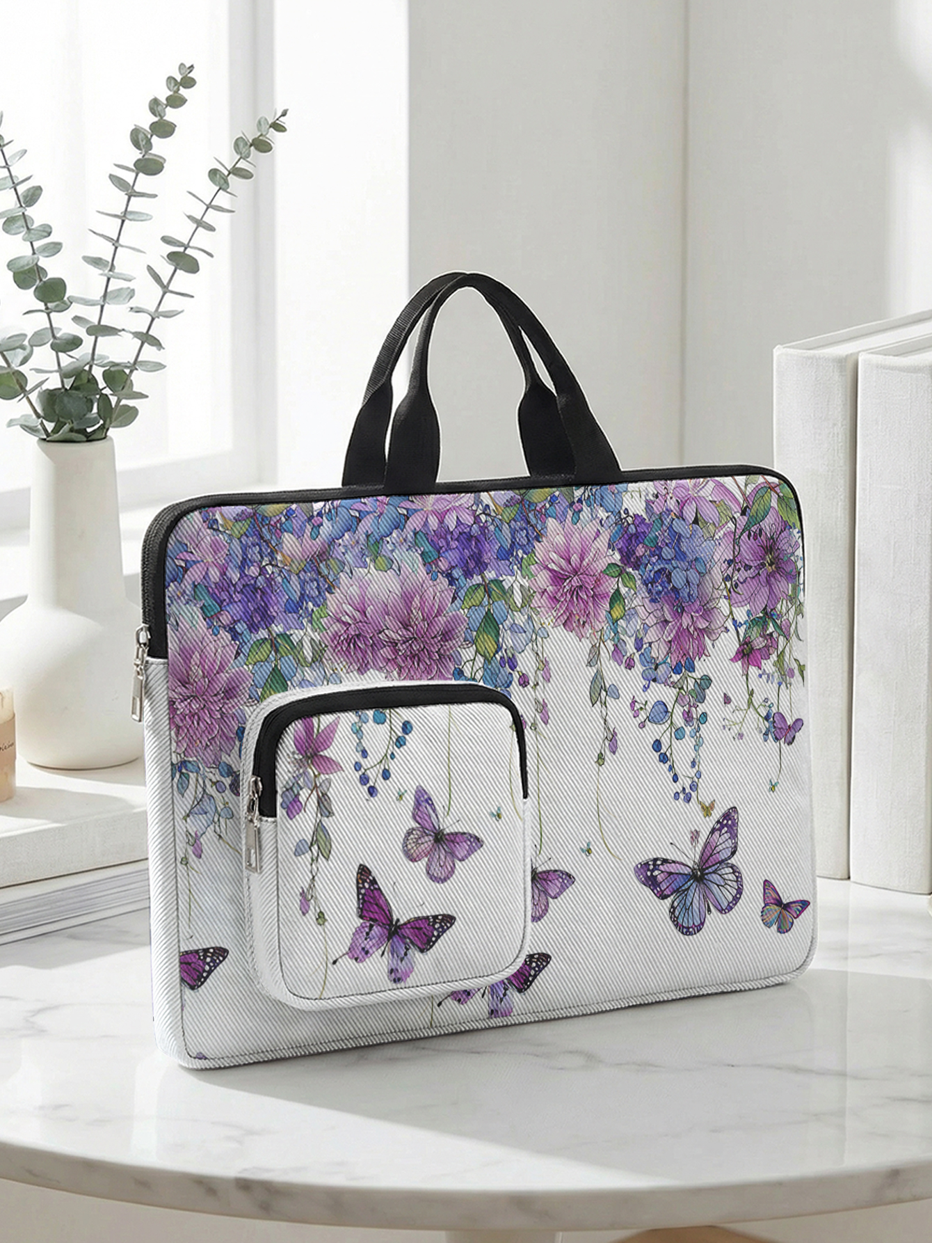 Floral Butterfly Print Portable Laptop Handbag With Mini Pouch Shockproof Notebook Sleeve Bag For 13-15.6 Inch Laptops