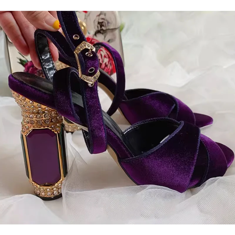 Purple Glass Rhinestone Heel Thick Heel Sandals Woman Summer 2026 Cross-Band Buckle Hollow High Heels Women's Shoes 10Cm