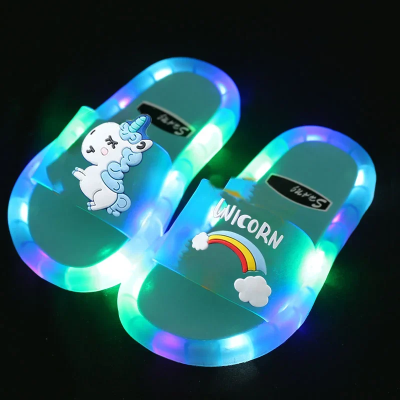 Crianças meninos meninas chinelos dos desenhos animados unicórnio animais imprime sapatos iluminados moda bonito sapatos de banheiro crianças criança chinelos