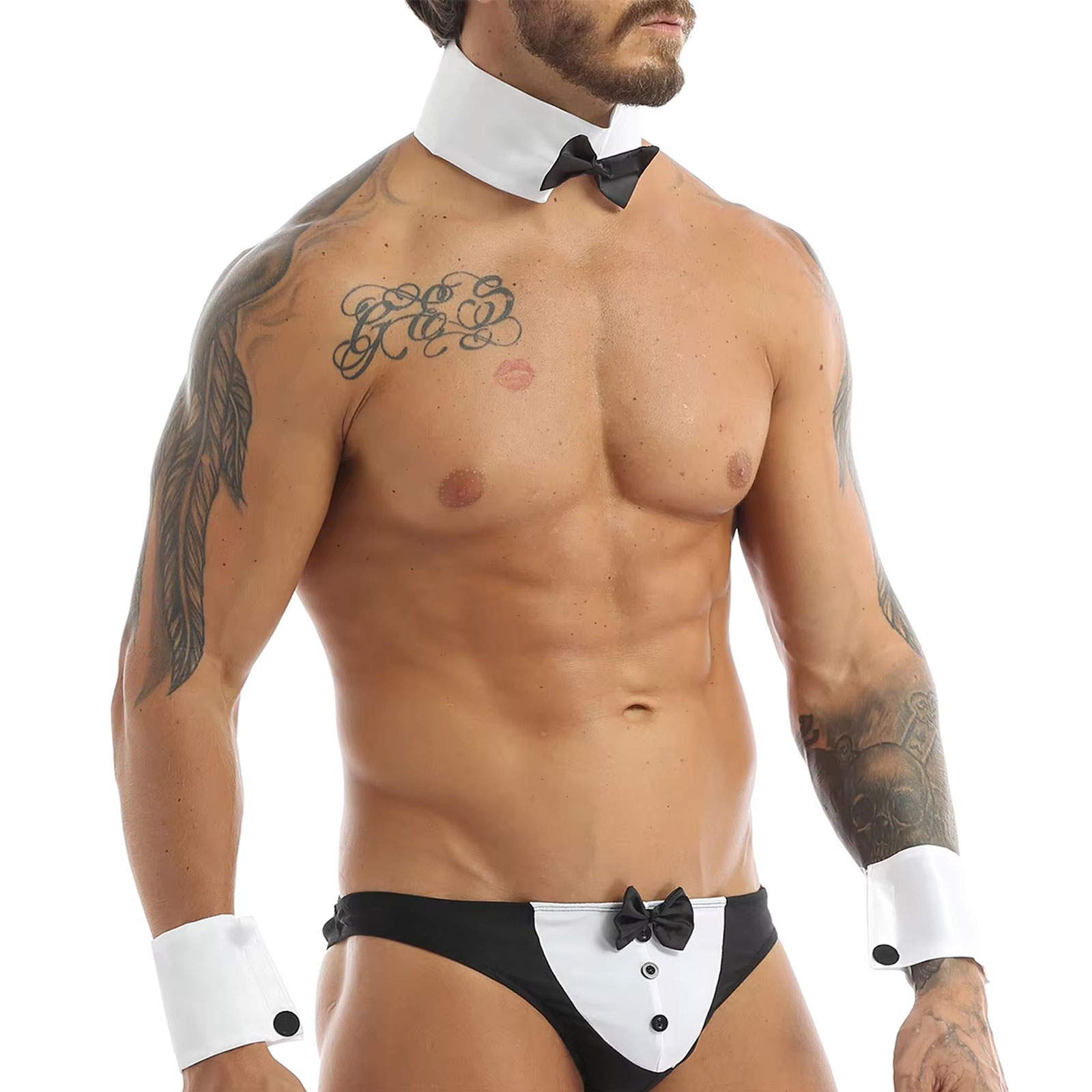 Herren-Butler-Kellner-Lingerie-Set, französisches Dienstmädchen-Rollenspiel-Kostüm, Triangel-Slip mit Schleife, Unterwäsche mit Kragen und Manschetten, Clubwear