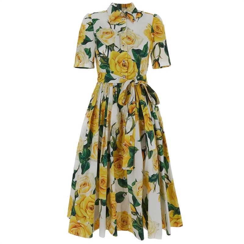 Zomer Catwalk Shirt Jurk Dames Revers Geel Rose Print Single Breasted Veterband Korte Mouw Midi Lange Vestidos 6838