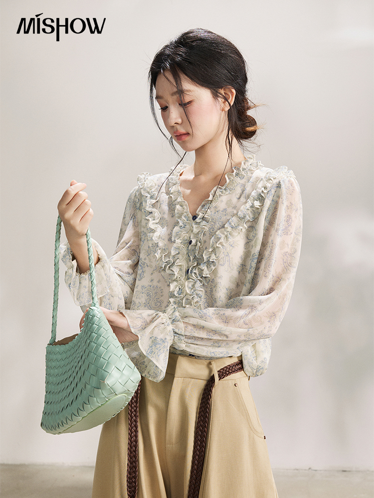 MISHOW Women's Light Blue Paisley Print Ruffle Blouse V-neck Sheer Long Sleeve Chiffon Shirt Casual Summer Wear MXF13X2549