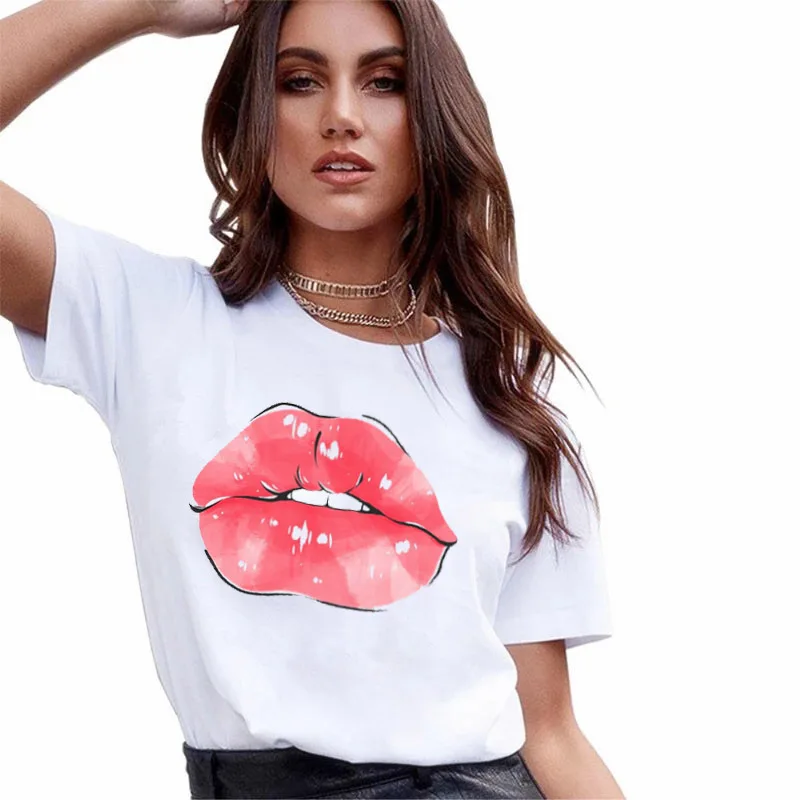 Kaus lengan pendek wanita motif bibir musim panas baru kaus ukuran besar pakaian wanita atasan kaus grafis pakaian Harajuku