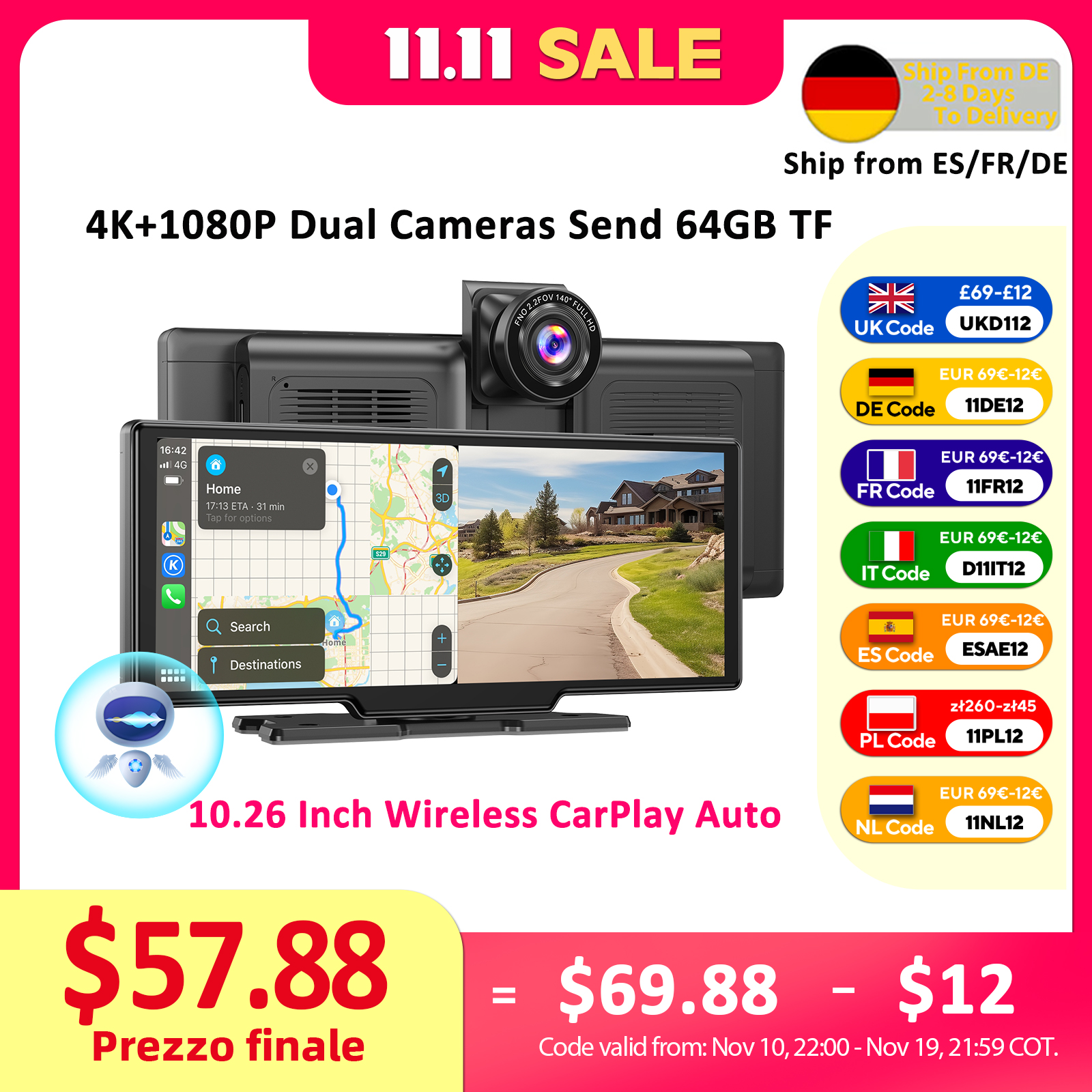 ESSGOO 10,26 coche DVR 4K cámara inalámbrica Carplay Android auto Ai pantalla Dash Cam doble lente grabadora de vídeo GPS navegación tablero