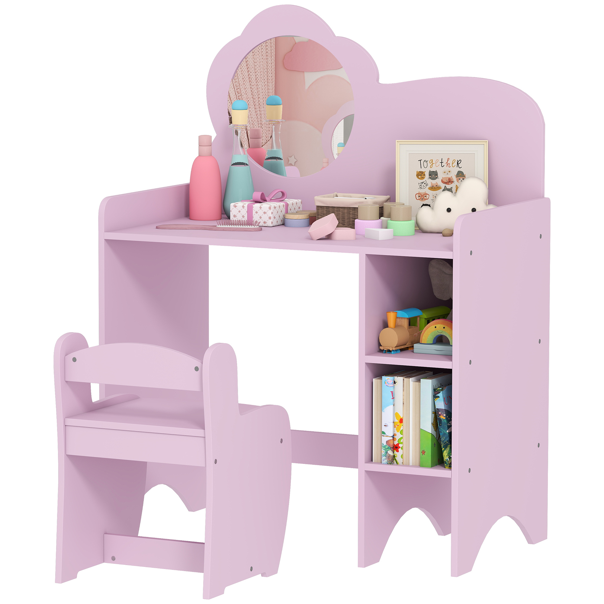 Penteadeira infantil Aiyaplay com banco e espelho em forma de flor com prateleiras abertas para meninos e meninas de 3 a 8 anos roxo