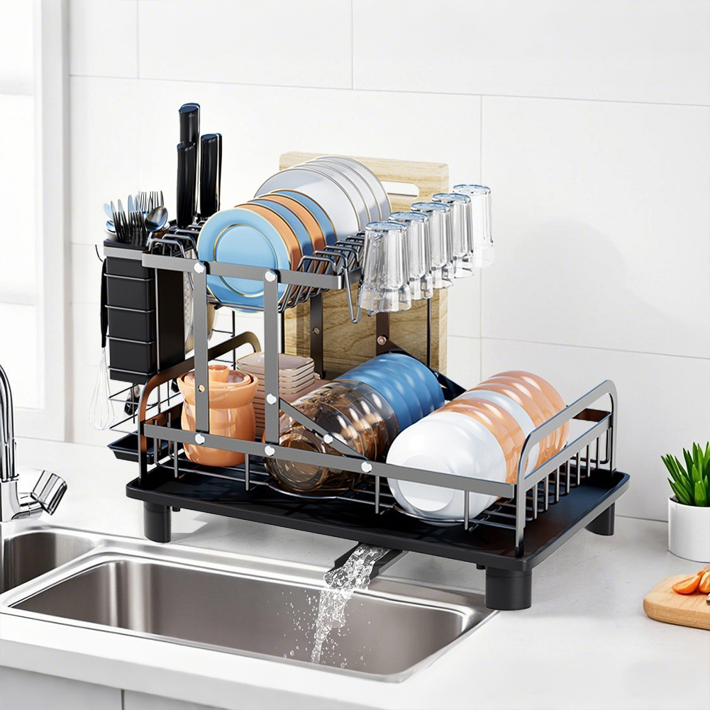 2 Tier Dish Drainer Rack - Dish Rack with Utensil Holder, Large Capacity Space-Saving Dish Drying Rack with Draining Board