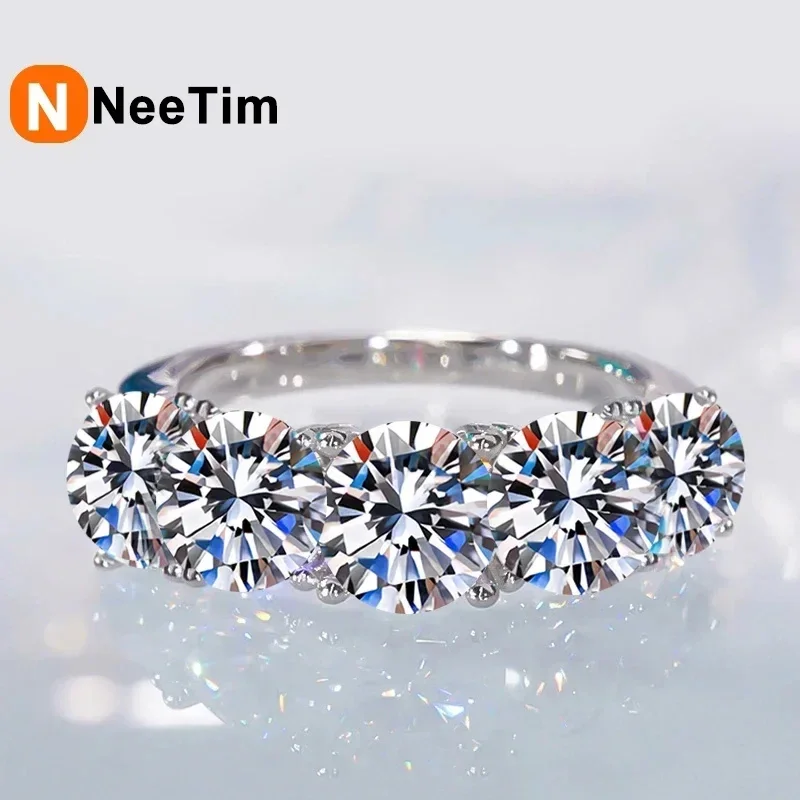 Anillo NeeTim de moissanita completo de 5mm y 6,5mm para mujer, plata de ley S925, banda de diamante brillante eternidad, anillos de boda, joyería