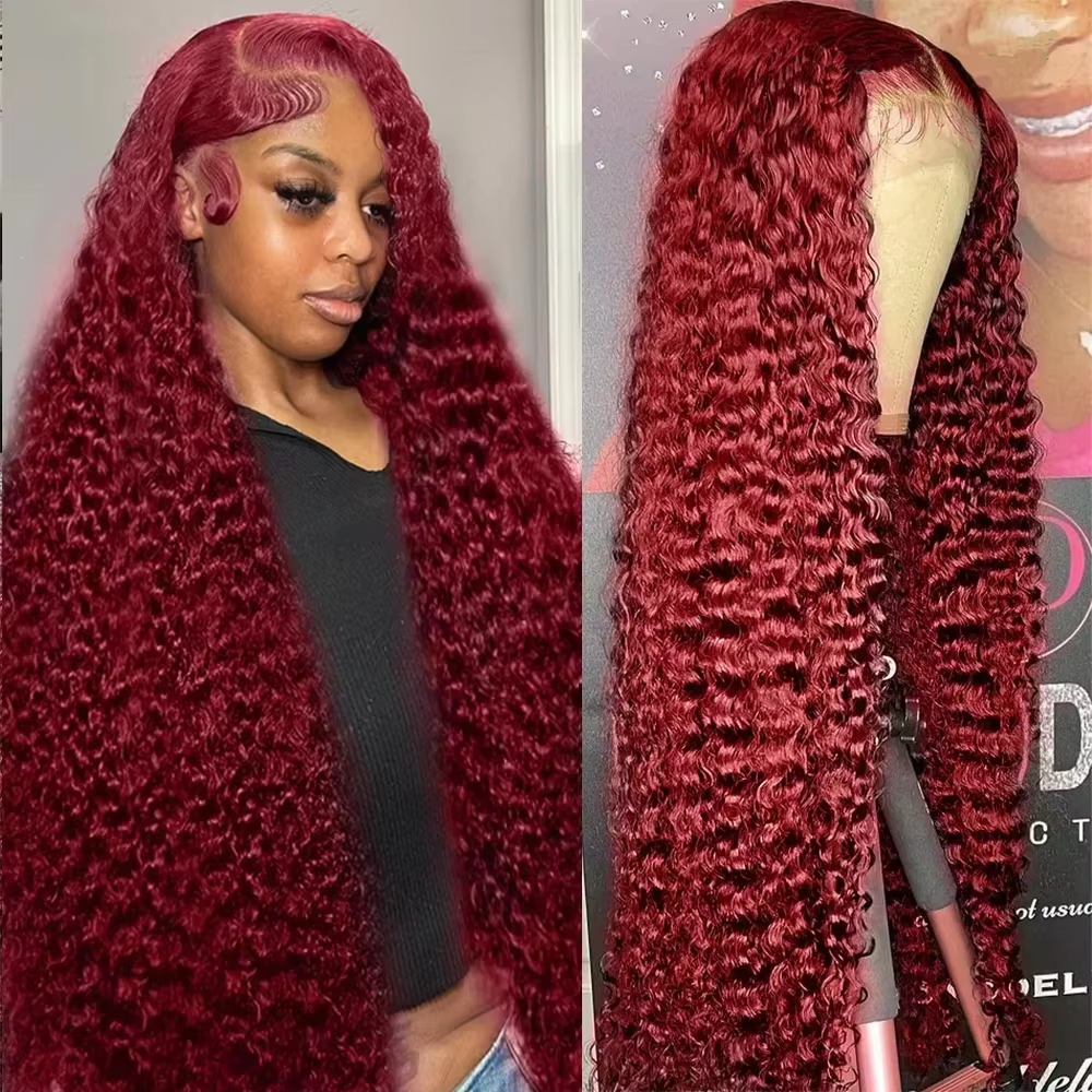 Peluca frontal de encaje HD 13x6 de onda profunda 99J Borgoña, peluca de cabello humano Remy rizado rojo 13x4 con onda de agua, cabello brasileño pre-arrancado y teñido.
