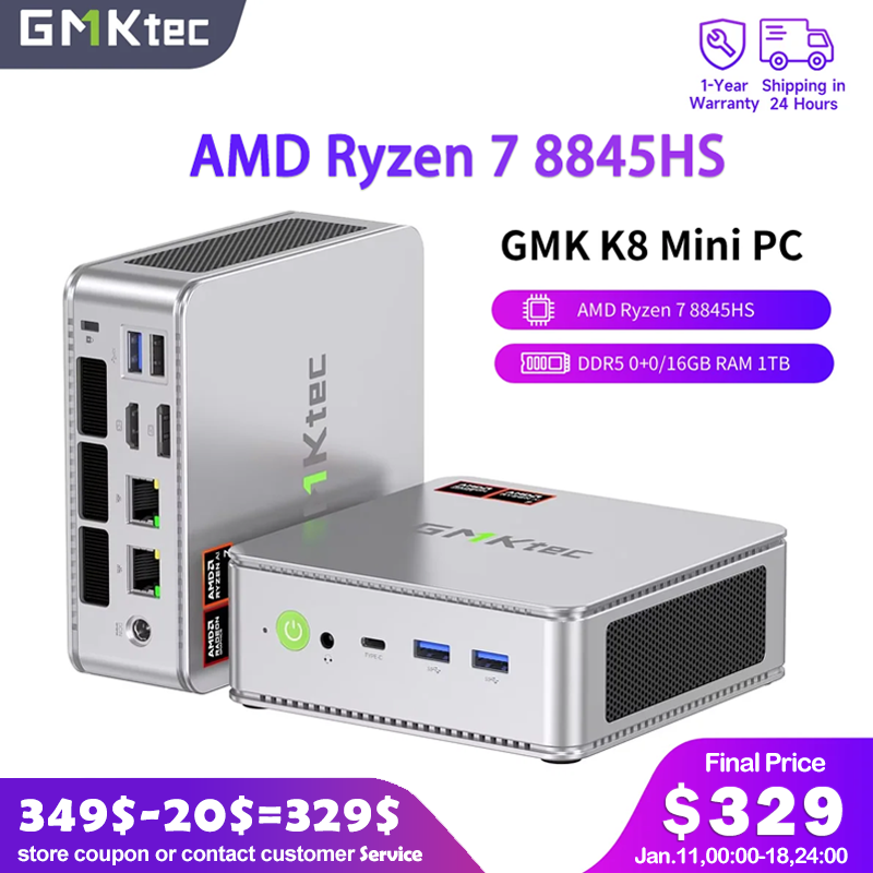 GMKtec NucBox K8 AMD Ryzen 7 8845HS DDR5 0+0/16GB RAM 1TB Mini PC PCIe3.0/4.0 Windows 11 Pro WiFi 6E Mini Komputer Stacjonarny USB4.0