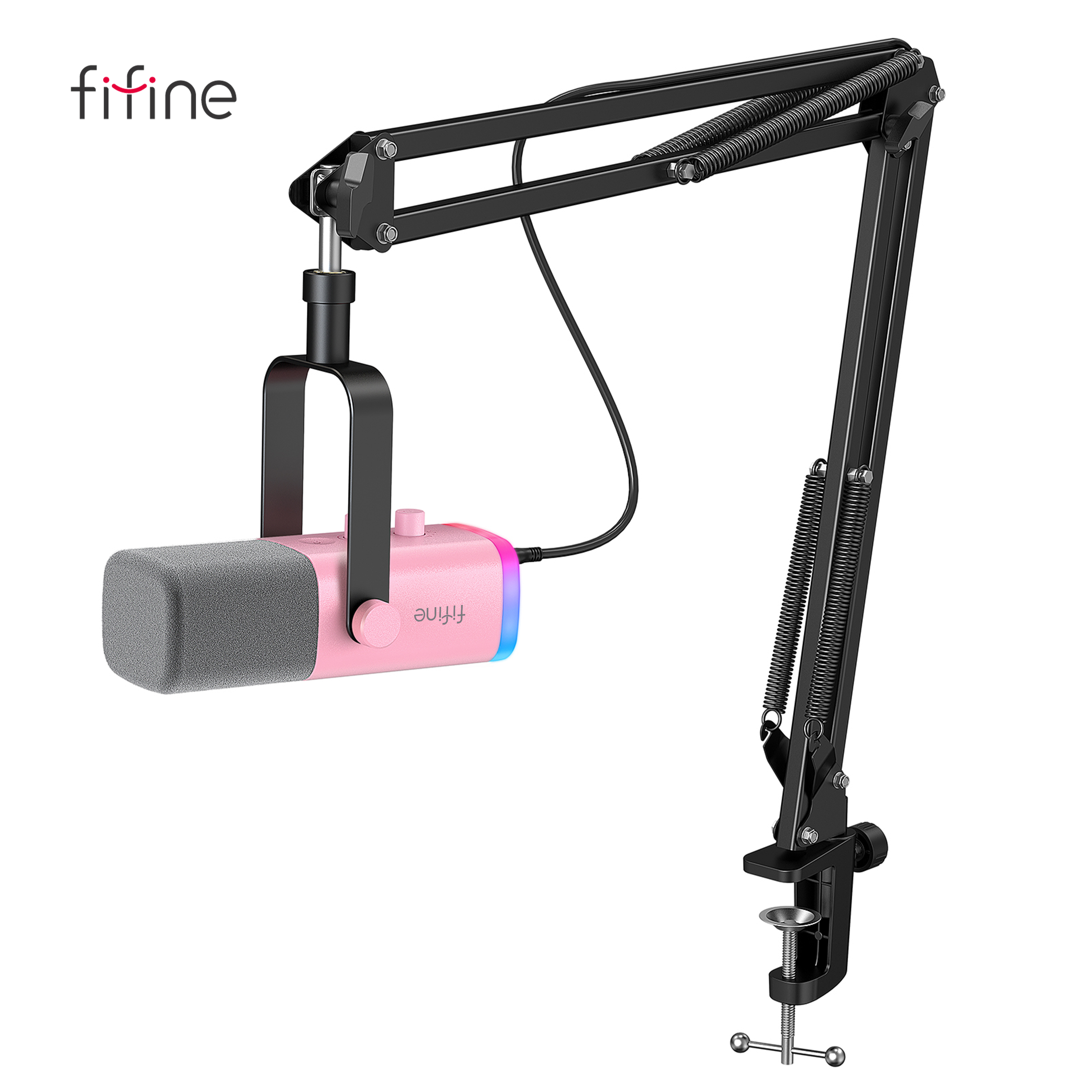 FIFINE Gaming USB/XLR Kit microfono dinamico con manopola di guadagno/RGB/monitor, set microfono braccio braccio per PC PS5/4 Mixer-AmpliGame Rosa AM8TP