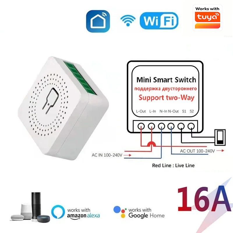 สวิตช์ WiFi ขนาดเล็ก 16A ใช้งานร่วมกับแอป Tuya Smart Life ควบคุมแบบ 2 ทาง โมดูลอัตโนมัติบ้านอัจฉริยะ ใช้งานร่วมกับ Alexa และ Google