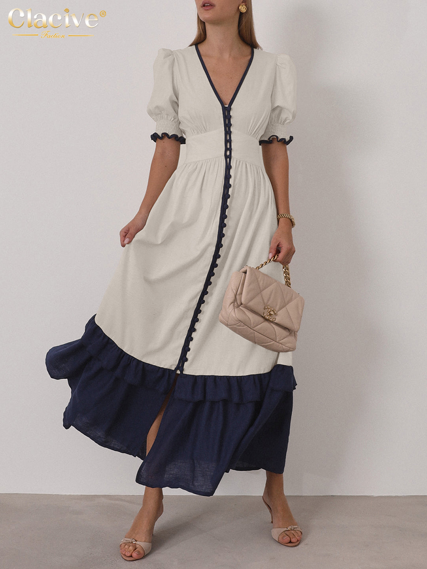 Clacive-vestido holgado de lino albaricoque para mujer, vestido Sexy hasta el tobillo de manga corta con cuello en V, vestido clásico elegante para mujer 2025