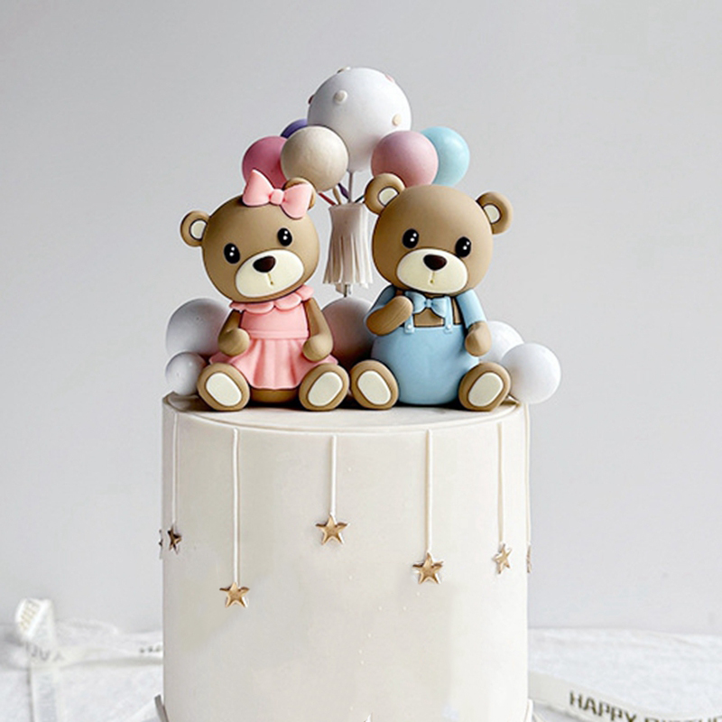 Cartoon Roze Blauwe Beer Zachte Rubberen Pop Kinderen Verjaardagstaart Decoratie Ornament Baby Douche Jongen Meisje Bruidstaart Decoraties