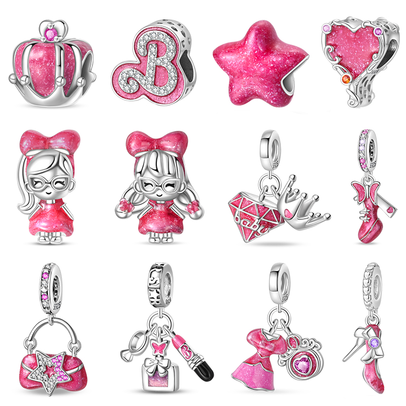 Nuevo bolso de falda de princesa rosa de moda de plata 925, abalorios de lápiz labial aptos para pulsera Original de 3mm 925, joyería DIY, regalo de cumpleaños