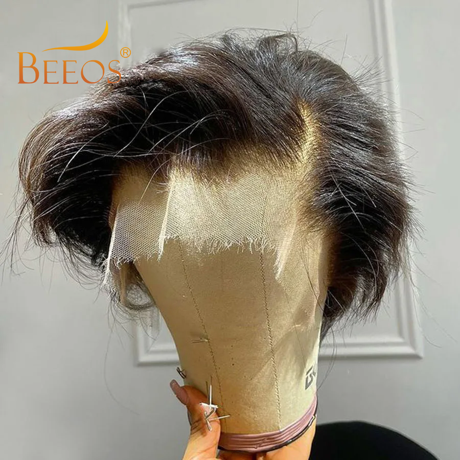 Pelucas de cabello humano BEEOS Skinlike 13x4 HD con encaje frontal, pre-arrancadas, corte pixie corto, pelucas de cabello brasileño para mujeres, efecto piel fundida.