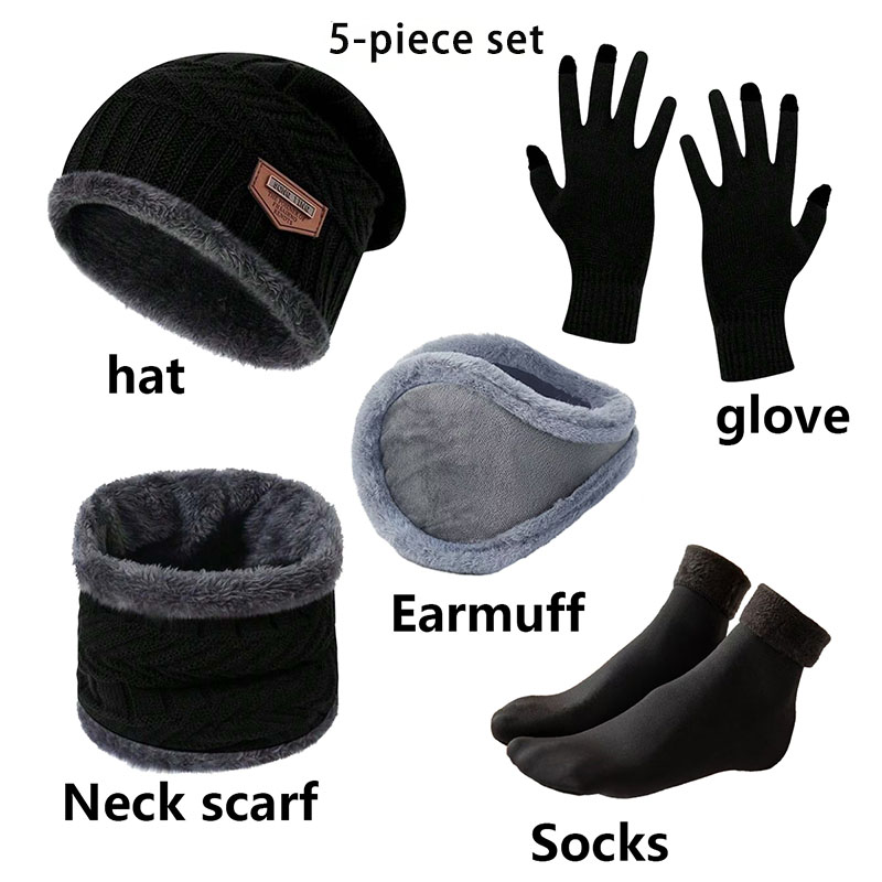 Winter Warm Hat Set Men's and   Ear Protectors with  Knitted Hats Gloves Neck Hoods Anti slip Socks Five piece Set