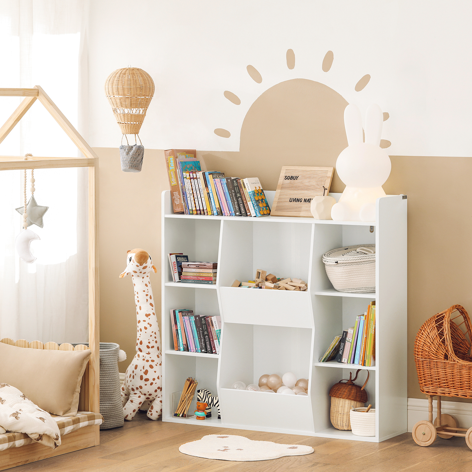 Estante infantil SoBuy KMB55-W, prateleira para crianças, estante de armazenamento com 8 compartimentos abertos, estante para brinquedos, estante independente, estante.