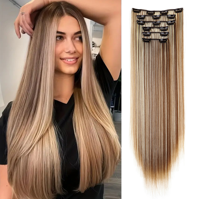 24Inch Synthetic 16 Clips in Hair Extensions Long Straight Hairstyle Blonde Black Hairpieces Heat Resistant False Hair