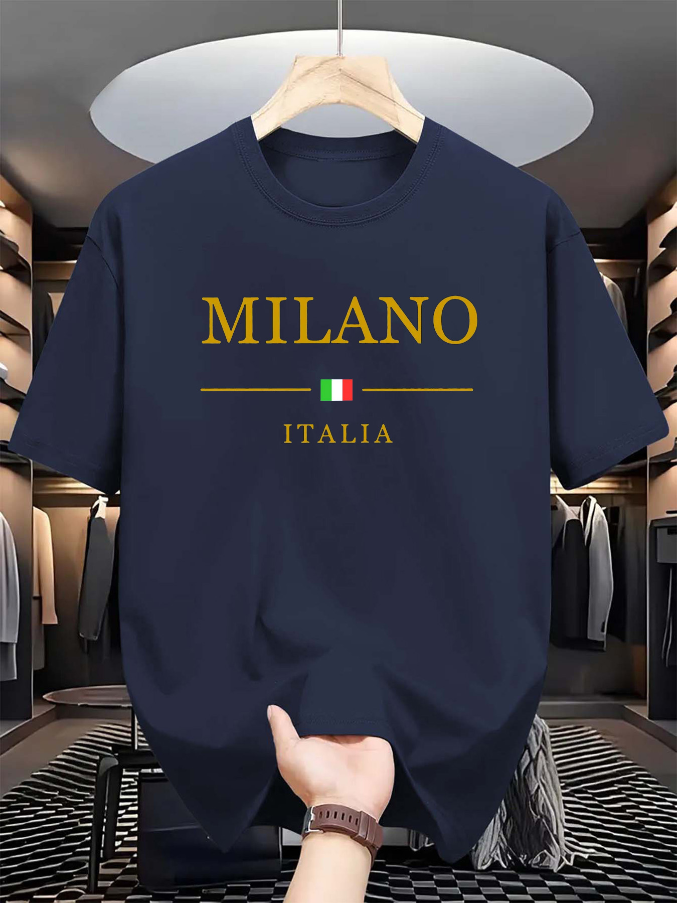 Męska letnia koszulka z krótkim rękawem, 100 bawełny, modna, luźna, plus size MILANO ITALIA, z nadrukiem, sportowa koszulka z okrągłym dekoltem