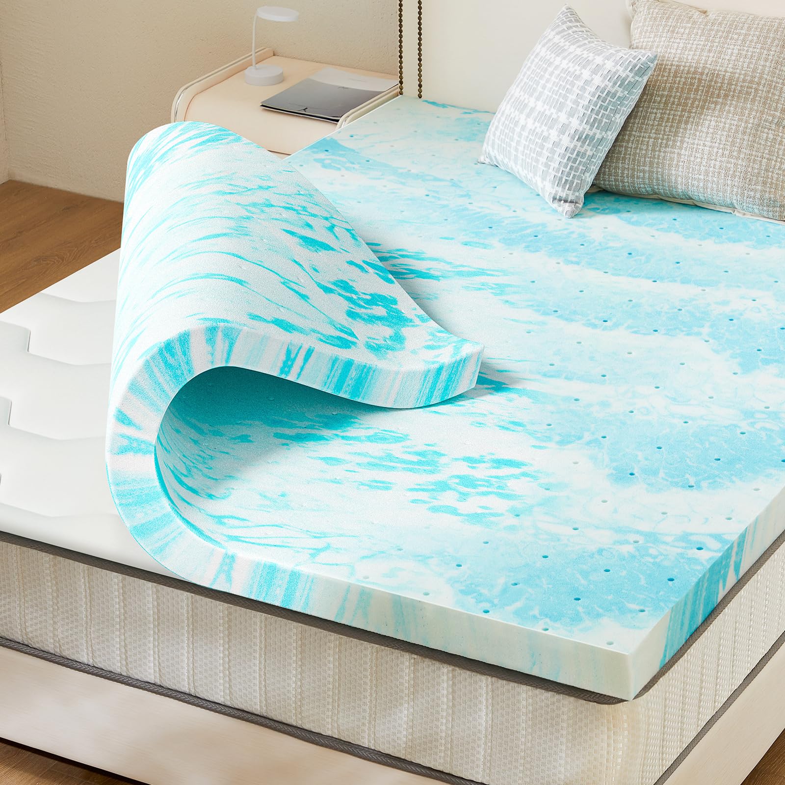 JHK 4-inch gel-geheugenschuimmatrastopper op ware grootte, koelmatras, zacht en ademend bedtopper, schoolslaapkamermeubilair