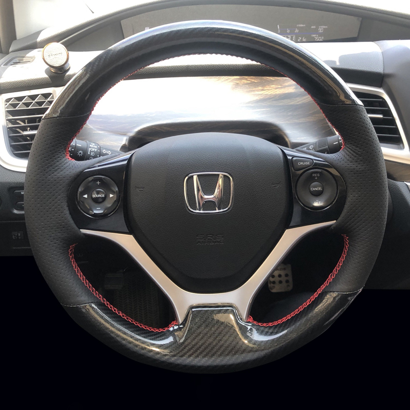 Для Honda Civic Civic 9 2012 2013 2014 2015 DIY Сшитый вручную черный чехол на рулевое колесо из натуральной кожи из углеродного волокна